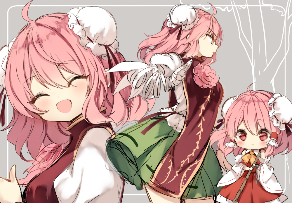 1girl ^_^ ^o^ bandage bandaged_arm bare_shoulders bun_cover chinese_clothes closed_eyes cosplay detached_sleeves double_bun flower green_skirt hair_tubes hakurei_reimu hakurei_reimu_(cosplay) ibaraki_kasen multiple_views pink_eyes pink_hair pink_rose piyokichi rose short_hair skirt smile touhou