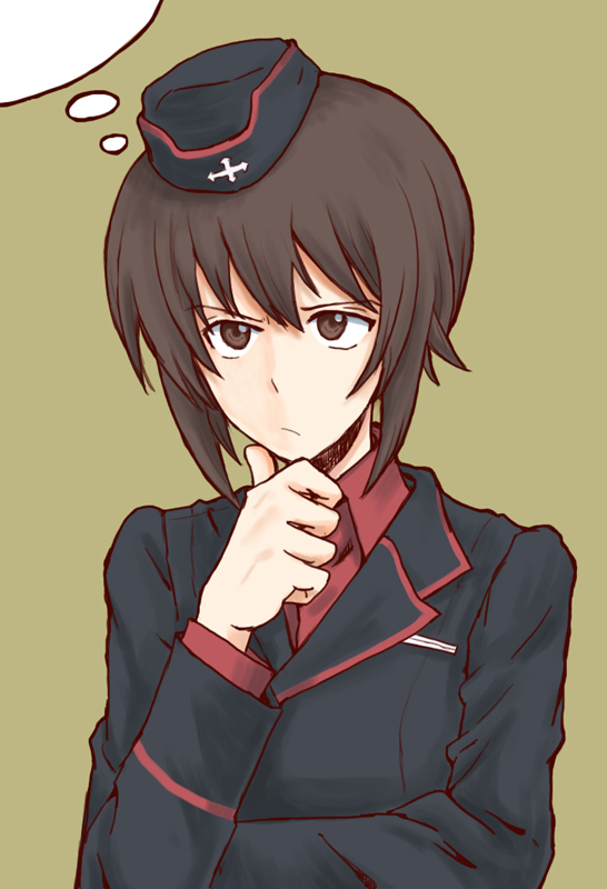 1girl brown_eyes brown_hair garrison_cap girls_und_panzer hand_on_own_chin hat kuromorimine_military_uniform mutsu_(layergreen) nishizumi_maho olive_background short_hair solo thinking thought_bubble