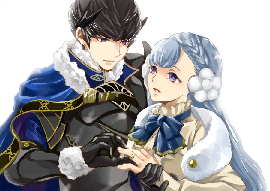 1boy 1girl armor berkut_(fire_emblem) black_hair blue_hair cape fire_emblem fire_emblem_echoes:_mou_hitori_no_eiyuuou fire_emblem_gaiden fur_coat jewelry linea_(fire_emblem) renkonmatsuri ring simple_background white_background