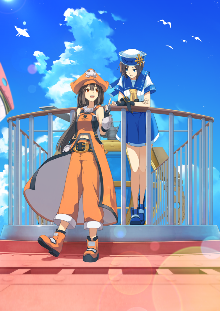 2girls :d april_(guilty_gear) arm_belt bangs bare_shoulders belt_buckle bird black_belt black_gloves blue_eyes blue_shoes blue_skirt blue_sky blurry brown_eyes brown_hair buckle clothes_writing clouds coat commentary_request day depth_of_field english fingerless_gloves full_body gloves guilty_gear hair_between_eyes hand_up hat heart index_finger_raised lens_flare long_hair looking_at_another may_(guilty_gear) multiple_girls navel neckerchief open_mouth orange_coat orange_hat orange_pants orange_shoes outdoors pants pirate_hat railing roman_numerals ryuga_(balius) sailor sailor_collar sailor_hat ship's_wheel shoes short_hair short_sleeves skirt skull_and_crossbones sky sleeveless sleeveless_coat smile standing white_hat yellow_neckerchief
