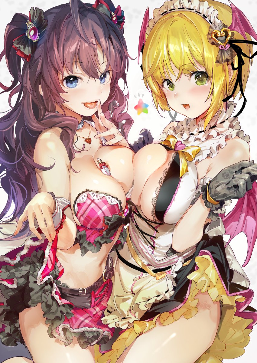 2girls ahoge apron asymmetrical_docking between_breasts blonde_hair blue_eyes breast_press breasts cowboy_shot cross-laced_clothes detached_collar eyebrows_visible_through_hair frill_trim from_side gloves green_eyes grey_gloves hair_ornament hand_to_own_mouth head_wings heart heart_necklace highres ichinose_shiki idolmaster idolmaster_cinderella_girls jewelry large_breasts long_hair looking_at_viewer maid_headdress midriff miyamoto_frederica multiple_girls navel necklace plaid purple_hair ribbon_trim short_hair simple_background skirt skirt_lift smile souji_hougu tongue tongue_out two_side_up waist_apron wrist_cuffs