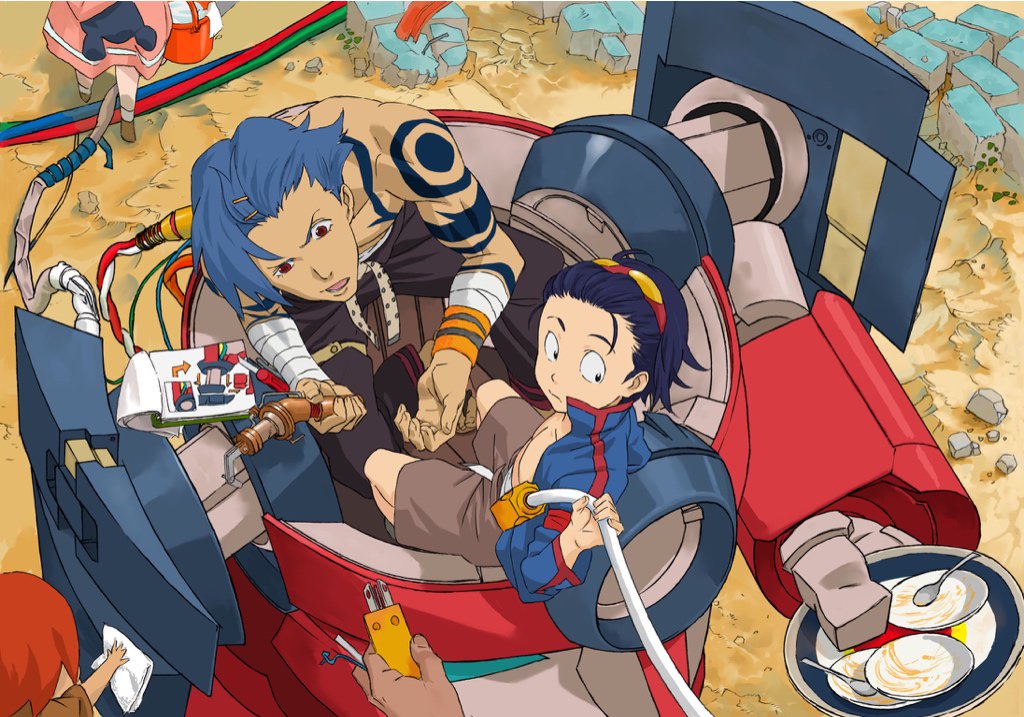 1girl 3boys bangs_pinned_back blue_hair brown_shorts darry_adai gimmy goggles hair_slicked_back jacket kamina lagann male_focus multiple_boys out_of_frame plug red_eyes shirtless short_hair shorts simon sitting stuffed_toy sushio tattoo tengen_toppa_gurren_lagann wiping