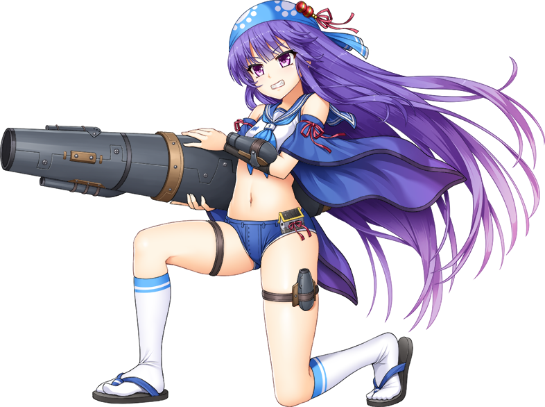 &gt;:d 1girl :d artist_request bandanna cannon detached_sleeves from_side full_body holding holding_weapon long_hair male_swimwear midriff navel official_art open_mouth oshiro_project oshiro_project_re purple_hair sailor_bikini sailor_collar smile swim_trunks swimwear transparent_background very_long_hair violet_eyes wakamatsu_(oshiro_project) weapon