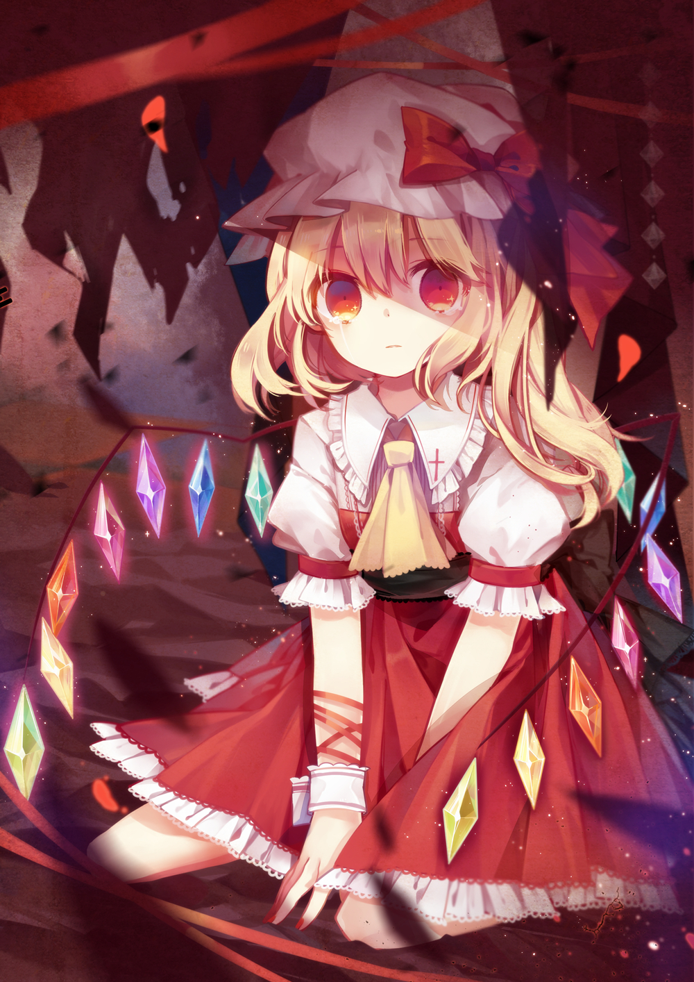 1girl arm_ribbon ascot blonde_hair bow crying dress flandre_scarlet hat hat_bow highres kuromomo looking_at_viewer mob_cap puffy_short_sleeves puffy_sleeves red_dress red_eyes ribbon sash short_sleeves side_ponytail sitting solo touhou wariza wings wrist_cuffs