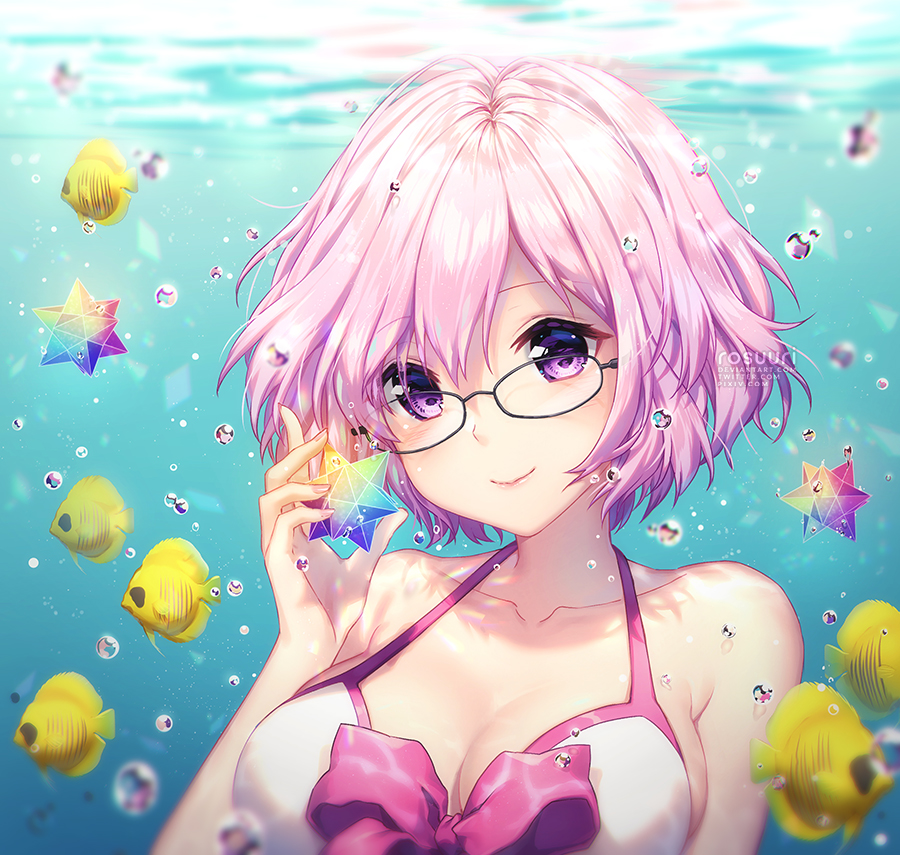 bikini blush fate/grand_order fate_(series) glasses mash_kyrielight pink_eyes pink_hair short_hair smile