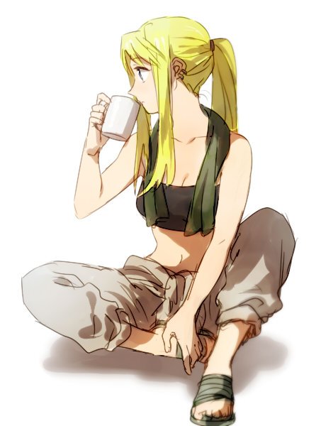 1girl bangs bare_arms bare_shoulders blonde_hair blue_eyes cup drinking earrings eyebrows_visible_through_hair fullmetal_alchemist jewelry long_hair looking_away pants ponytail rag riru sandals simple_background solo tank_top white_background winry_rockbell