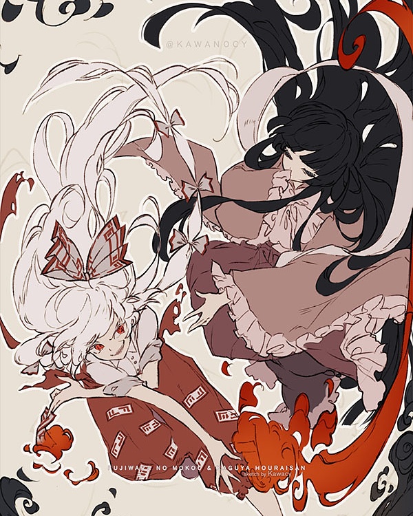 2girls artist_name black_hair bow burning character_name closed_eyes commentary covering_mouth fujiwara_no_mokou hair_bow hand_over_own_mouth hime_cut houraisan_kaguya japanese_clothes kawacy kimono long_hair multiple_girls red_eyes sleeves_rolled_up smirk torn_clothes touhou white_hair