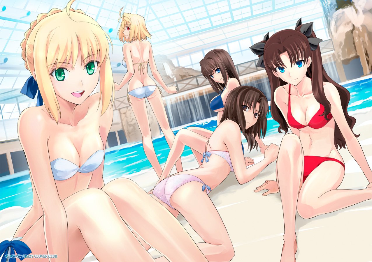 5girls aozaki_aoko arcueid_brunestud artoria_pendragon_(all) ass bare_shoulders bikini black_ribbon blonde_hair blue_bikini blue_eyes blue_ribbon brown_hair butt_crack carnival_phantasm crazy_clover_club emiya-san_chi_no_kyou_no_gohan fate/grand_order fate/hollow_ataraxia fate/stay_night fate_(series) green_eyes hair_ribbon kara_no_kyoukai long_hair looking_at_viewer melty_blood multiple_girls open_mouth pool red_bikini red_eyes ribbon ryougi_shiki saber shirotsumekusa sitting summer swimsuit tohsaka_rin tsukihime twintails type-moon waterpark white_bikini