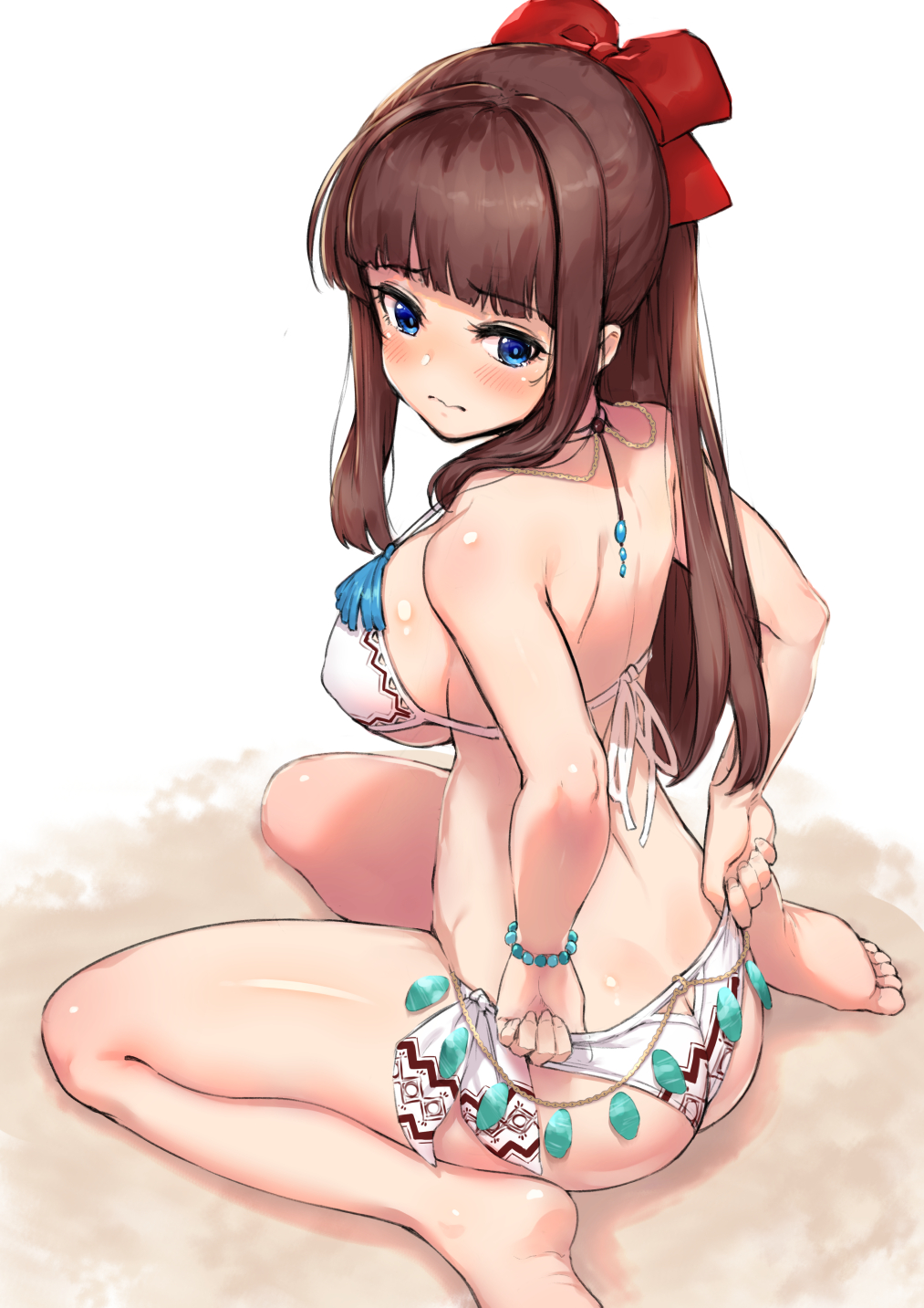 1girl 3: adjusting_clothes adjusting_swimsuit ass bangs bare_arms bare_legs bare_shoulders barefoot bikini blue_eyes blunt_bangs blush bow bracelet breasts brown_hair closed_eyes eyebrows_visible_through_hair folded_leg hair_bow halterneck highres jewelry large_breasts long_hair neo-masterpeacer new_game! ponytail red_bow sand sideboob sidelocks sitting smile solo strap_gap swimsuit takimoto_hifumi wariza wavy_mouth white_background white_bikini