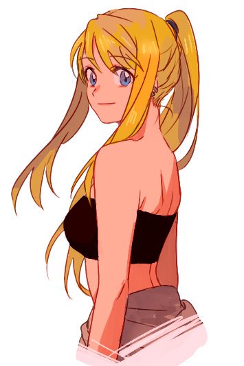 1girl arm arms_at_sides back bangs bare_arms bare_back bare_shoulders black_tubetop blonde_hair blue_eyes closed_mouth earrings fullmetal_alchemist jewelry long_hair looking_at_viewer looking_back midriff neck ponytail riru simple_background smile solo strapless tubetop white_background winry_rockbell