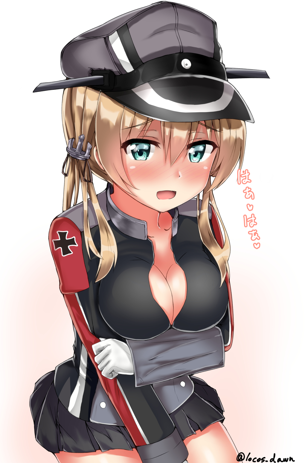 10s 1girl :d black_jacket black_skirt blonde_hair blue_eyes blush breasts cleavage gloves hair_between_eyes hat heart highres jacket kantai_collection large_breasts long_hair long_sleeves low_twintails military military_uniform open_mouth peaked_cap pleated_skirt prinz_eugen_(kantai_collection) rokosu_(isibasi403) skirt smile solo translation_request twintails twitter_username uniform white_gloves