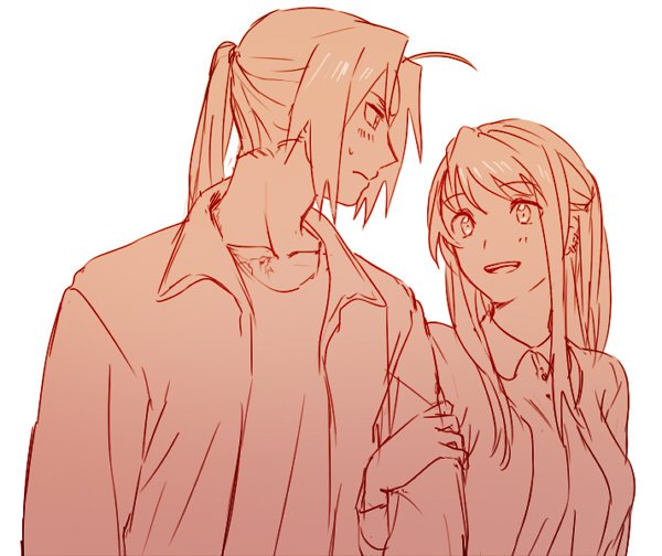 1boy 1girl arm_grab blush couple edward_elric eyebrows_visible_through_hair fullmetal_alchemist hand_on_arm happy long_hair nervous open_mouth pink ponytail riru simple_background smile sweatdrop white_background winry_rockbell