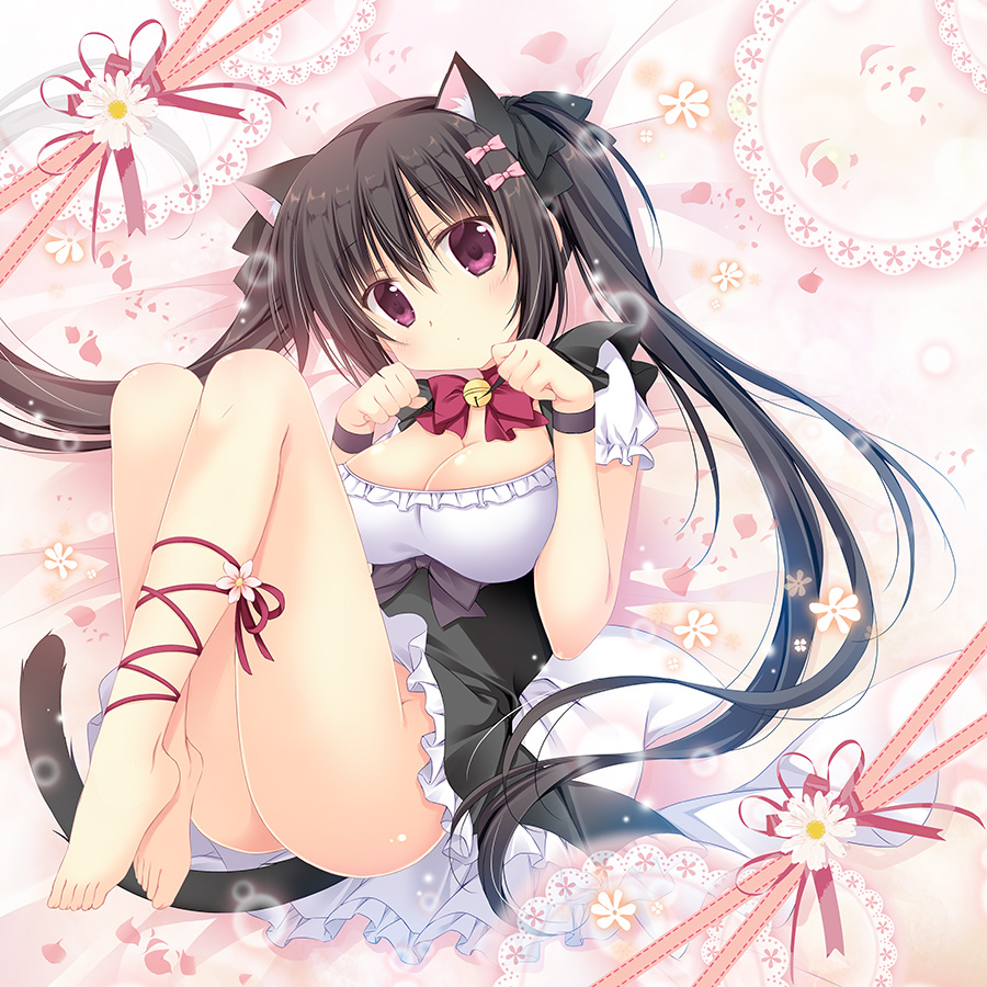 1girl animal_ears bangs barefoot bell black_hair black_ribbon bow bowtie breasts cat_ears cat_girl cat_tail cleavage commentary_request daisy dress extra_ears eyebrows_visible_through_hair flower frilled_skirt frilled_sleeves frills hair_between_eyes hair_bow hair_ornament hair_ribbon hands_up jingle_bell knees_up korie_riko large_breasts long_hair looking_at_viewer original paw_pose pink_bow puffy_short_sleeves puffy_sleeves purple_bow red_bow red_bowtie ribbon short_dress short_sleeves skirt solo tail toenails toes twintails very_long_hair violet_eyes white_flower wrist_straps