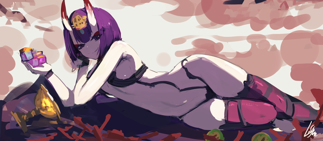 1girl bare_shoulders breasts closed_mouth eyeshadow fate/grand_order fate_(series) goblet headpiece holding horns lansane looking_at_viewer lying makeup on_side oni_horns purple_hair revealing_clothes short_hair shuten_douji_(fate/grand_order) signature sketch small_breasts smile solo thigh-highs