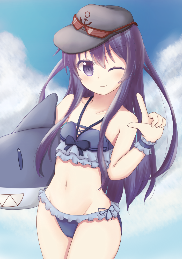 1girl akatsuki_(kantai_collection) anchor_symbol bangs bikini black_hat blue_bikini blue_sky breasts collarbone commentary_request cowboy_shot day flat_cap frilled_bikini frilled_cuffs frills groin hair_between_eyes halter_top halterneck hat index_finger_raised inflatable_shark inflatable_toy kantai_collection long_hair looking_at_viewer minakami_mimimi navel outdoors purple_hair red-framed_eyewear sky small_breasts solo standing stomach sunglasses swimsuit very_long_hair violet_eyes wrist_cuffs