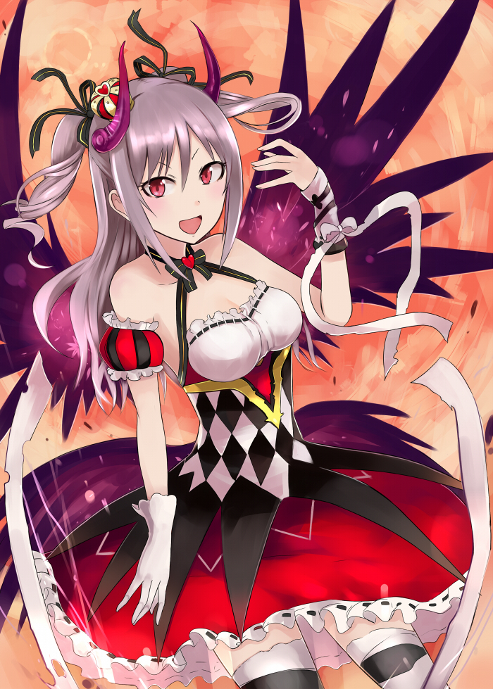 10s 1girl :d argyle argyle_dress asymmetrical_gloves bare_shoulders black_choker black_ribbon breasts choker cleavage collarbone cowboy_shot criss-cross_halter crown demon_girl dress female floating_hair full_moon gloves grey_hair hair_between_eyes hair_ribbon heart highres horns idolmaster idolmaster_cinderella_girls kanzaki_ranko long_hair looking_at_viewer medium_breasts mini_crown moon neck nerotarou@seven open_mouth red_eyes red_skirt ribbon ribbon-trimmed_skirt ribbon_choker ribbon_trim skirt smile solo standing striped striped_legwear thigh-highs two_side_up white_gloves white_ribbon wings wrist_cuffs wrist_ribbon