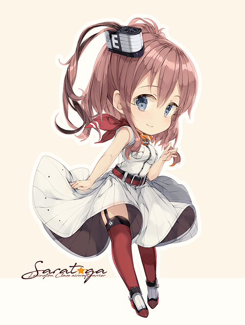 1girl anchor belt breast_pocket brown_hair character_name chibi dress garter_straps grey_eyes hair_between_eyes kantai_collection long_hair looking_at_viewer malachite neckerchief pocket ponytail red_legwear red_neckerchief saratoga_(kantai_collection) side_ponytail sidelocks simple_background solo thigh-highs waving white_background white_dress