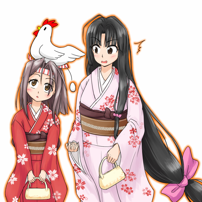 2girls ahoge bird black_hair chicken egg egg_laying japanese_clothes kantai_collection kimono long_hair multiple_girls object_on_head open_mouth shouhou_(kantai_collection) sitting sitting_on_person v1 yukata zuihou_(kantai_collection)