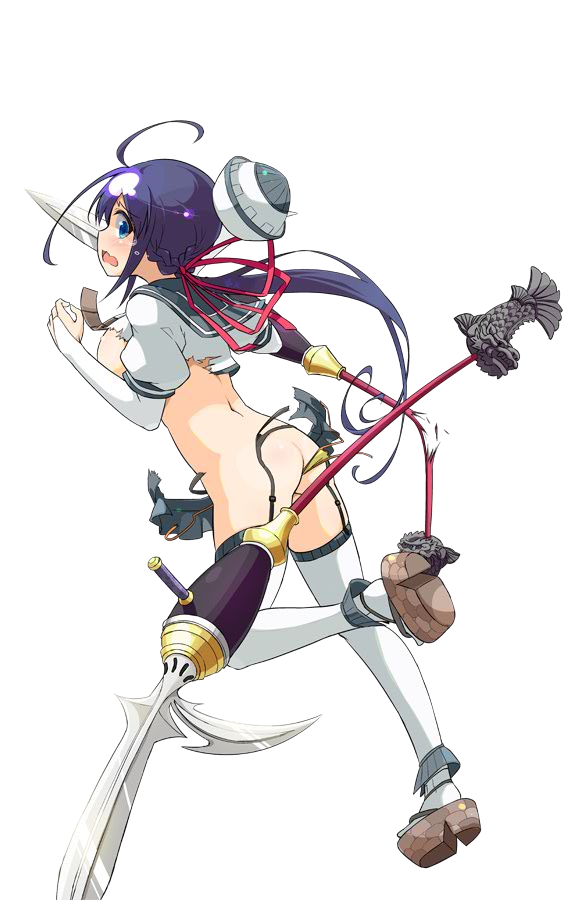 1girl ahoge ass blue_eyes blue_hair broken broken_weapon dual_wielding from_behind full_body hair_ribbon hat miniskirt official_art open_mouth oshiro_project oshiro_project_re pleated_skirt polearm ribbon shachihoko skirt spear sw takamatsu_(oshiro_project) tearing_up thigh-highs torn_clothes torn_skirt transparent_background wavy_mouth weapon