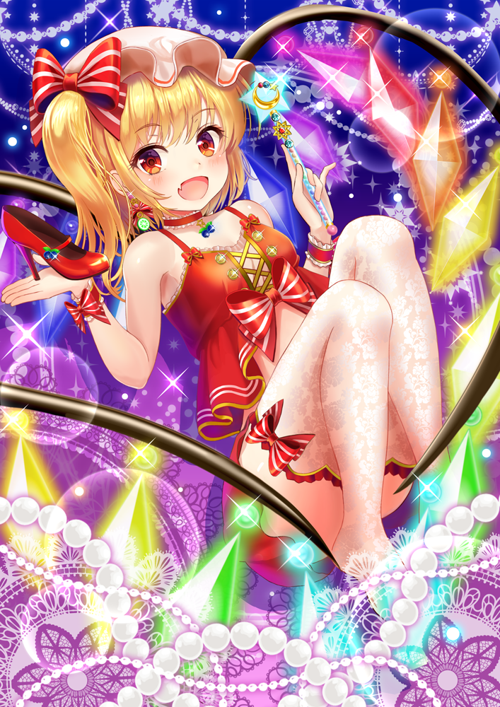 1girl :d alternate_costume bangs bare_shoulders bent_knees blonde_hair blush bow breasts camisole choker crescent crystal fang flandre_scarlet frilled_choker frilled_legwear frills full_body hat hat_bow high_heels looking_at_viewer mob_cap open_mouth orange_eyes red_bow side_ponytail small_breasts smile solo sparkle star thigh-highs touhou uemura_shun wand white_legwear wings wrist_cuffs