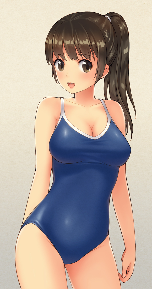1girl bangs bare_arms black_eyes black_hair breasts cleavage cowboy_shot large_breasts long_hair looking_at_viewer original ponytail poripori school_swimsuit shiny shiny_hair smile solo standing swimsuit