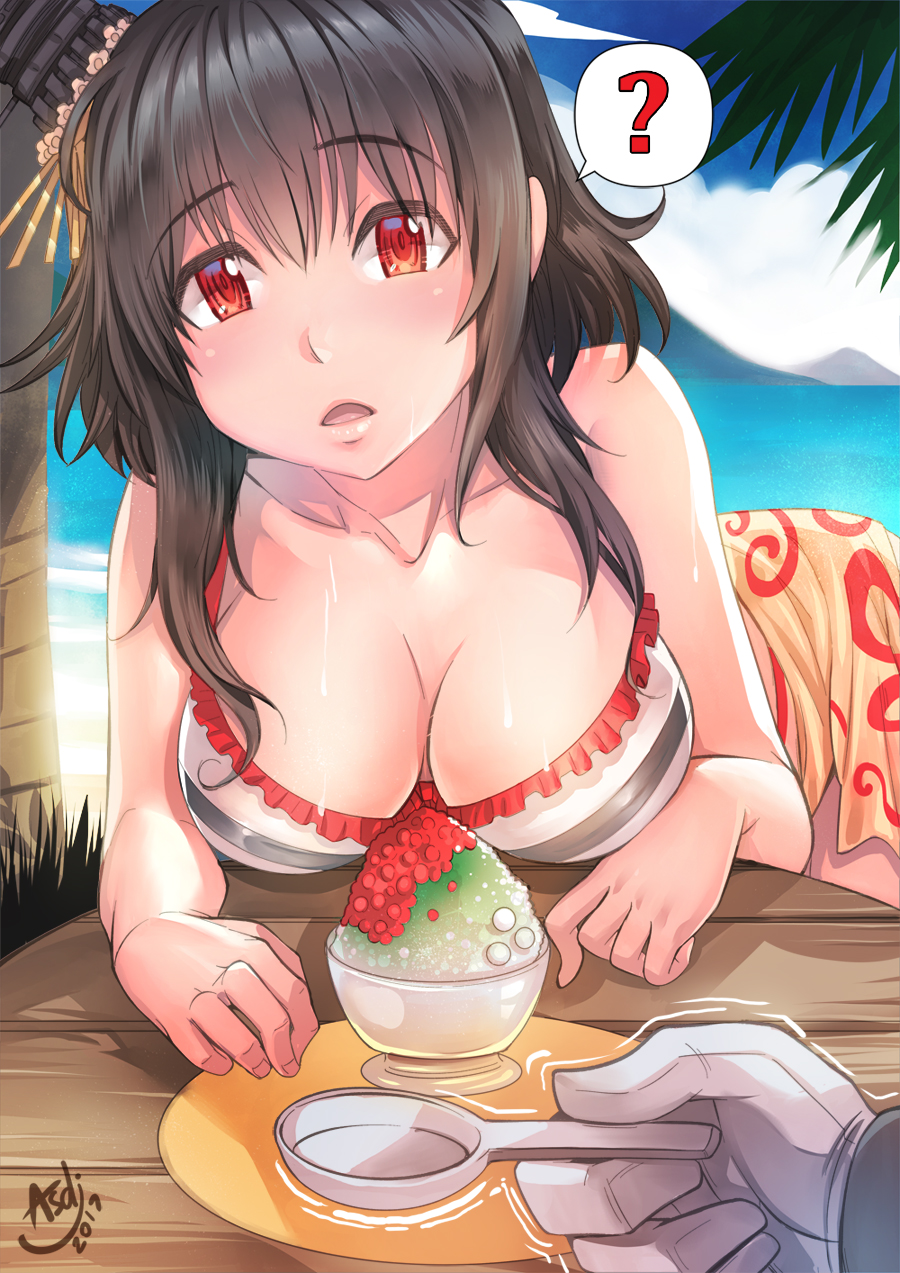 1boy 1girl admiral_(kantai_collection) artist_signature asdj beach bikini black_hair blue_sky breast_rest breasts clouds coconut_tree dated eating hair_ornament headgear highres kantai_collection leaning_forward lips looking_at_viewer medium_breasts open_mouth palm_tree red_eyes shaved_ice short_hair sky spoon swimsuit tree yamashiro_(kantai_collection)