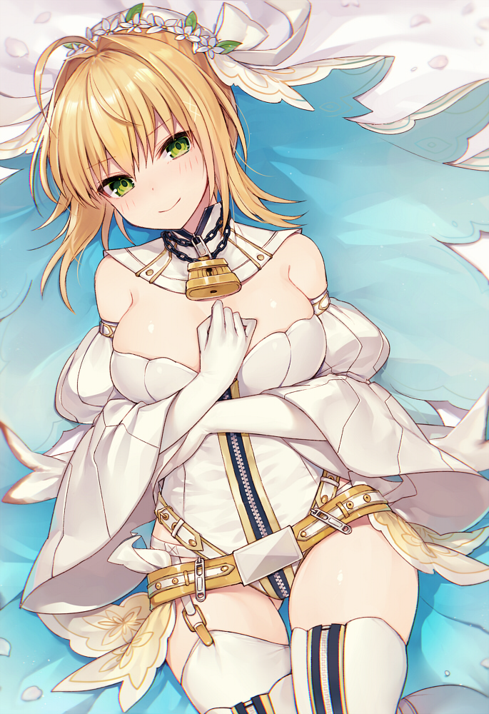 1girl bangs bare_shoulders belt belt_buckle blonde_hair blush breasts bridal_veil buckle chains closed_mouth collar cowboy_shot detached_collar detached_puffy_sleeves detached_sleeves eyebrows eyebrows_visible_through_hair fate/extra fate/extra_ccc fate_(series) flower flower_wreath garter_straps gloves gluteal_fold green_eyes hair_intakes hand_on_own_chest hands_up head_wreath highleg highleg_leotard juliet_sleeves legs_together leotard lock long_sleeves looking_at_viewer lying medium_breasts muryou on_back padlock padlocked_collar puffy_sleeves saber_bride saber_extra short_hair sidelocks smile strapless strapless_leotard thigh_gap veil waist_cape white_flower white_gloves white_leotard wide_sleeves zipper