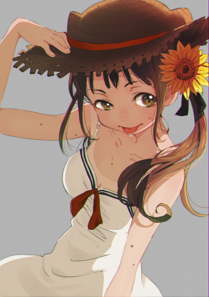 1girl bare_shoulders blush breasts brown_eyes brown_hair cleavage flower hand_on_headwear hat himaro long_hair looking_at_viewer medium_breasts original ponytail ribbon smile solo strapless straw_hat sweat sweatdrop tan tanline tongue tongue_out