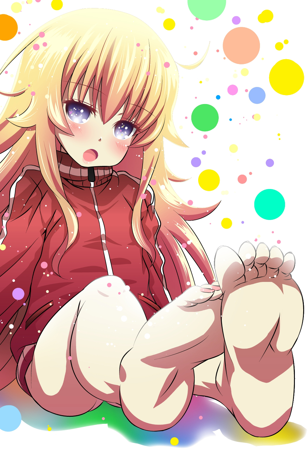 1girl :o ahoge ai_wa_muteki arms_at_sides barefoot blonde_hair blue_eyes blush dotted_background feet feet_together foreshortening gabriel_dropout highres jacket long_hair looking_at_viewer messy_hair sitting soles solo tenma_gabriel_white toes track_jacket