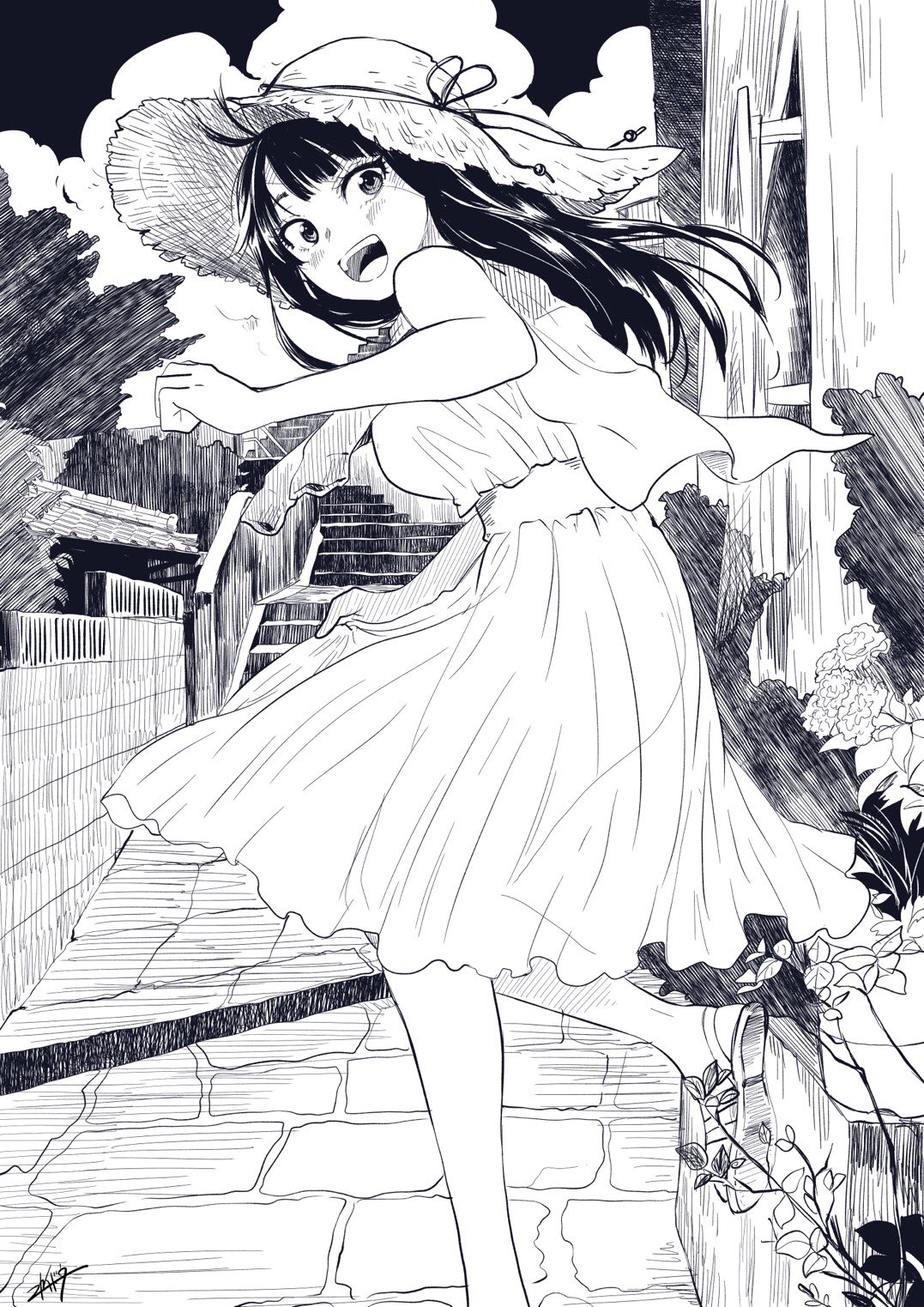 1girl :d bare_shoulders blush breasts capelet clenched_hand commentary_request dress flower greyscale hat highres holding_dress long_dress looking_back medium_breasts medium_hair monochrome nikaidou_kou no_socks open_mouth original pavement plant running sandals smile solo stairs sun_hat