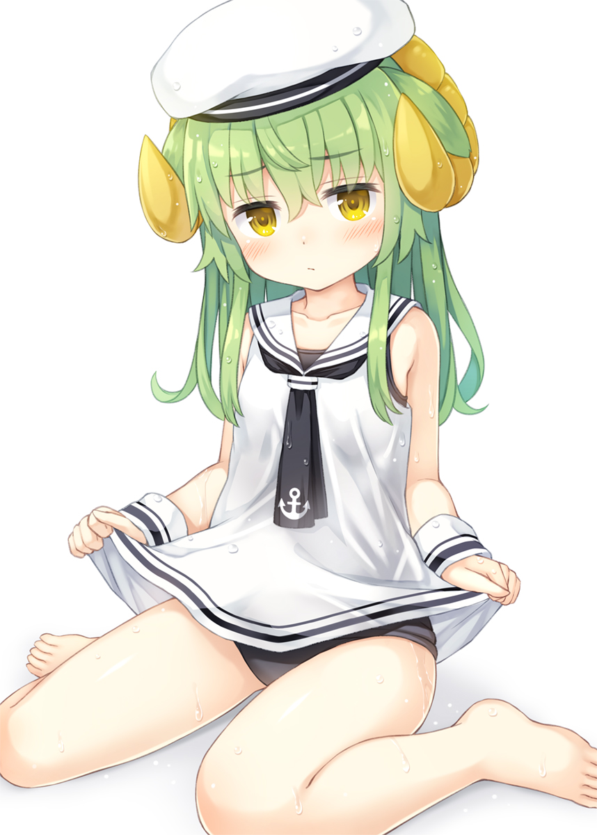 1girl :/ anchor_symbol animal_ears asatsuki_(monmusume-harem) bangs bare_legs bare_shoulders barefoot beret black_neckerchief black_swimsuit blush closed_mouth collarbone commentary_request eyebrows_visible_through_hair full_body green_hair hair_between_eyes hat highres horns long_hair looking_at_viewer monmusume-harem namaru_(summer_dandy) neckerchief one-piece_swimsuit school_swimsuit school_uniform serafuku shadow sheep_ears sheep_girl sheep_horns shiny shiny_hair shirt_hold sidelocks simple_background sitting sleeveless solo swimsuit wariza wet wet_clothes wet_hair white_background white_hat wrist_cuffs yellow_eyes