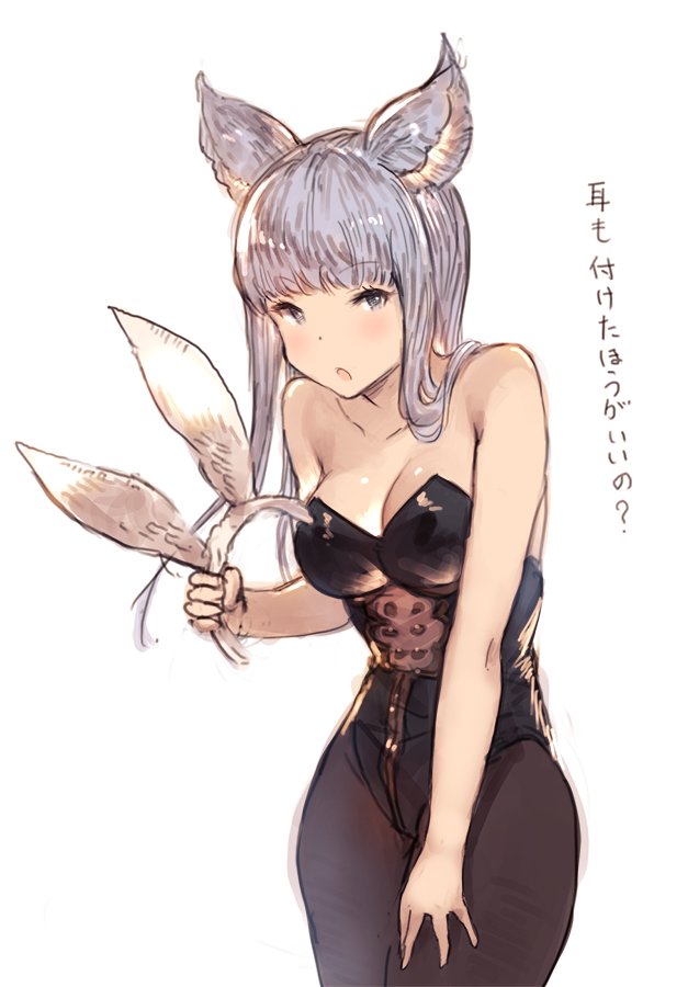 1girl alternate_costume animal_ears bare_shoulders black_legwear blush breasts bunnysuit cleavage collarbone granblue_fantasy grey_eyes hanarito holding korwa leotard long_hair looking_at_viewer medium_breasts open_mouth rabbit_ears silver_hair simple_background solo text translation_request white_background