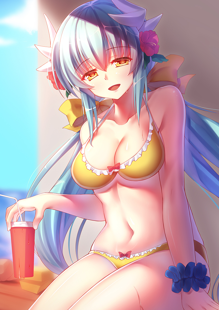 1girl blush breasts cleavage cup drinking_straw eyebrows_visible_through_hair fate/grand_order fate_(series) flower green_hair hair_flower hair_ornament holding holding_cup horns kiyohime_(fate/grand_order) large_breasts long_hair looking_at_viewer navel parted_lips sitting smile solo twintails yellow_eyes zha_yu_bu_dong_hua