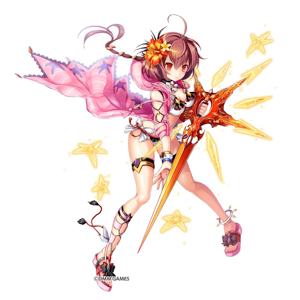 1girl bangs bikini breasts brown_hair choker cleavage commentary_request copyright_name eyebrows_visible_through_hair flower full_body hair_flower hair_ornament holding holding_sword holding_weapon jewelry kami_project long_hair low_ponytail medium_breasts red_eyes sandals side-tie_bikini simple_background solo starfish swimsuit sword thigh_strap weapon white_background