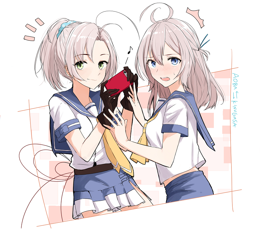 /\/\/\ 2girls ahoge alternate_hairstyle aoba_(kantai_collection) blue_eyes blue_sailor_collar blue_shorts blue_skirt blush brown_gloves cellphone character_name gloves green_eyes hairstyle_switch holding holding_phone kantai_collection kinugasa_(kantai_collection) long_hair morinaga_(harumori) multiple_girls musical_note neckerchief necktie one_side_up open_mouth phone pink_hair pleated_skirt ponytail quaver sailor_collar school_uniform serafuku short_hair short_sleeves shorts skirt smartphone smile yellow_neckerchief yellow_necktie