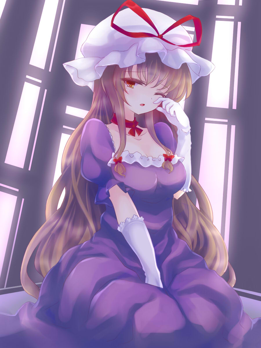 1girl alternate_eye_color backlighting bangs between_legs blonde_hair bow breasts choker cleavage dress elbow_gloves frilled_gloves frills gloves hair_bow hand_between_legs hat hat_ribbon highres indoors light long_hair medium_breasts mob_cap one_eye_closed open_mouth orange_eyes puffy_short_sleeves puffy_sleeves purple_dress red_eyes ribbon ribbon_choker short_sleeves sidelocks sitting solo tired totolarc touhou very_long_hair waking_up wariza white_gloves wide_hips wiping_eyes yakumo_yukari