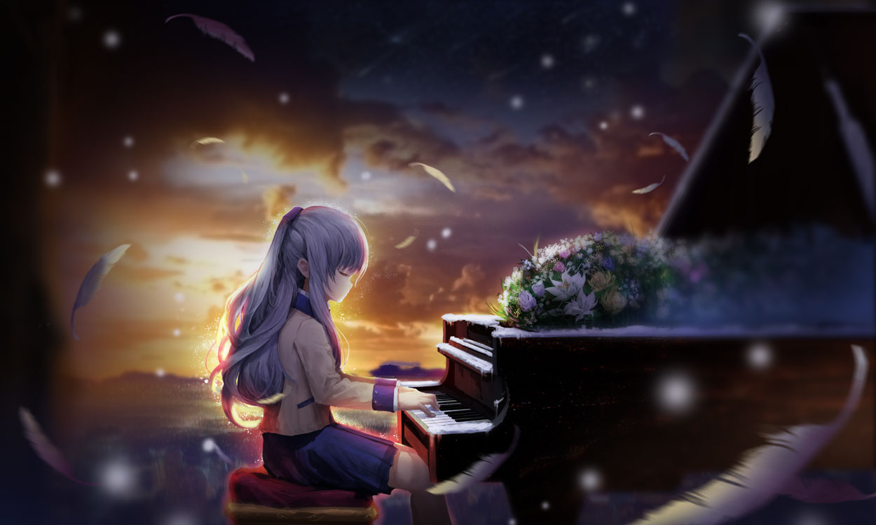 1girl angel_beats! blue_skirt brown_jacket closed_eyes from_side instrument long_hair music outdoors piano playing_instrument pleated_skirt sanyuejiuri silver_hair sitting skirt solo tachibana_kanade white_feathers