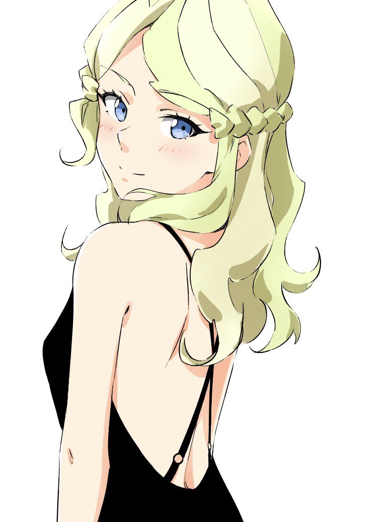 1girl back bare_back bare_shoulders black_dress blue_eyes blush braid diana_cavendish dress eyebrows_visible_through_hair french_braid from_side green_hair little_witch_academia long_hair looking_at_viewer open-back_dress seren_lwa simple_background smile solo upper_body white_background