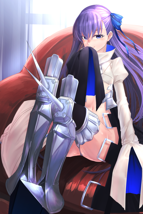 1girl armor armored_boots ass bangs black_legwear blue_eyes blush boots closed_mouth coat couch fate/extra fate/extra_ccc fate/grand_order fate_(series) greaves hair_ribbon hand_up hands_in_sleeves i-pan indoors juliet_sleeves legs_together long_hair long_sleeves looking_at_viewer meltlilith navel on_couch open_clothes open_coat puffy_sleeves purple_hair revision ribbon sitting sleeves_past_wrists smile solo thigh-highs thighs