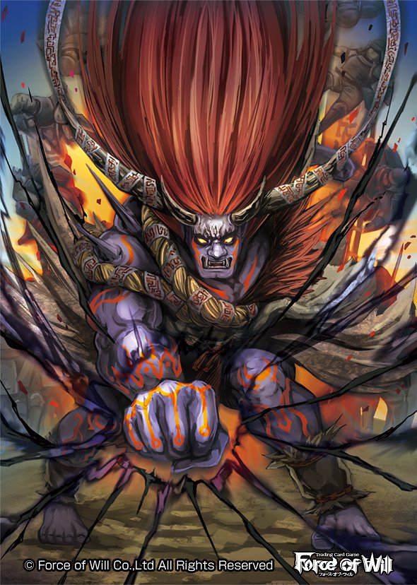 1boy armor barefoot copyright_name faceless faceless_male fangs force_of_will full_body helmet horns long_hair male_focus nekobayashi official_art open_mouth purple_skin redhead solo tattoo teeth yellow_eyes
