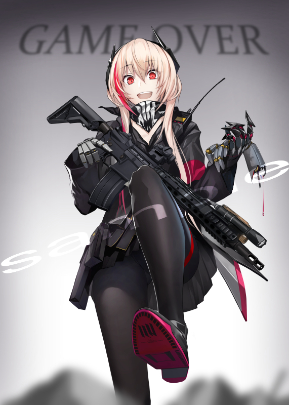 1girl assault_rifle bandanna bangs black_legwear black_skirt blonde_hair eyebrows_visible_through_hair game_over girls_frontline gun hair_between_eyes hands_up headgear highlights holding holding_gun holding_weapon jacket leg_up looking_at_viewer m4_carbine m4_sopmod_ii_(girls_frontline) multicolored_hair open_mouth pantyhose pleated_skirt red_eyes redhead rifle sample short_hair_with_long_locks sidelocks skirt smile solo streaked_hair teeth weapon