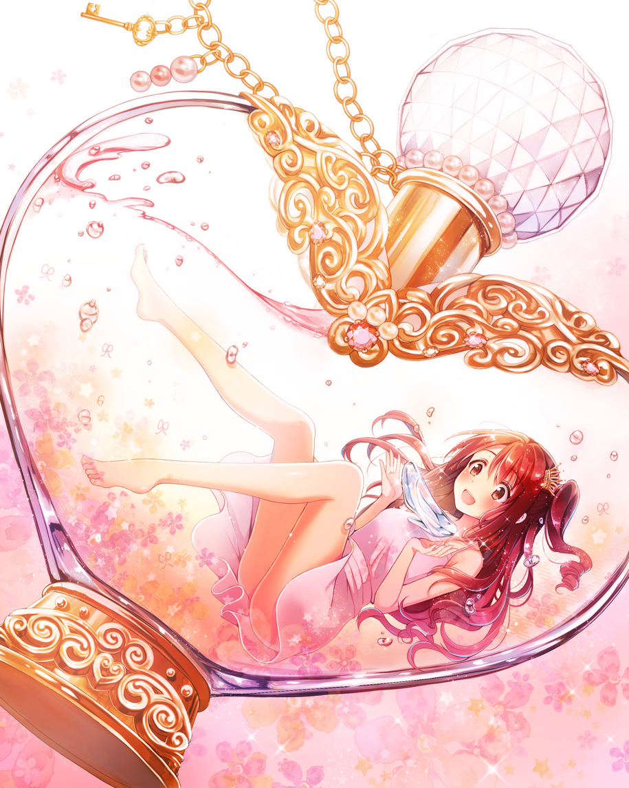 10s 1girl :d air_bubble bare_legs barefoot beads blush bottle chains crown dress dutch_angle flower gem glass_slipper hair_ornament half_updo heart idolmaster idolmaster_cinderella_girls in_bottle in_container key long_hair minigirl one_side_up open_mouth oversized_object perfume_bottle pink_dress red_eyes redhead revision serino_itsuki shimamura_uzuki shoes_removed side_ponytail smile solo sparkle underwater upskirt