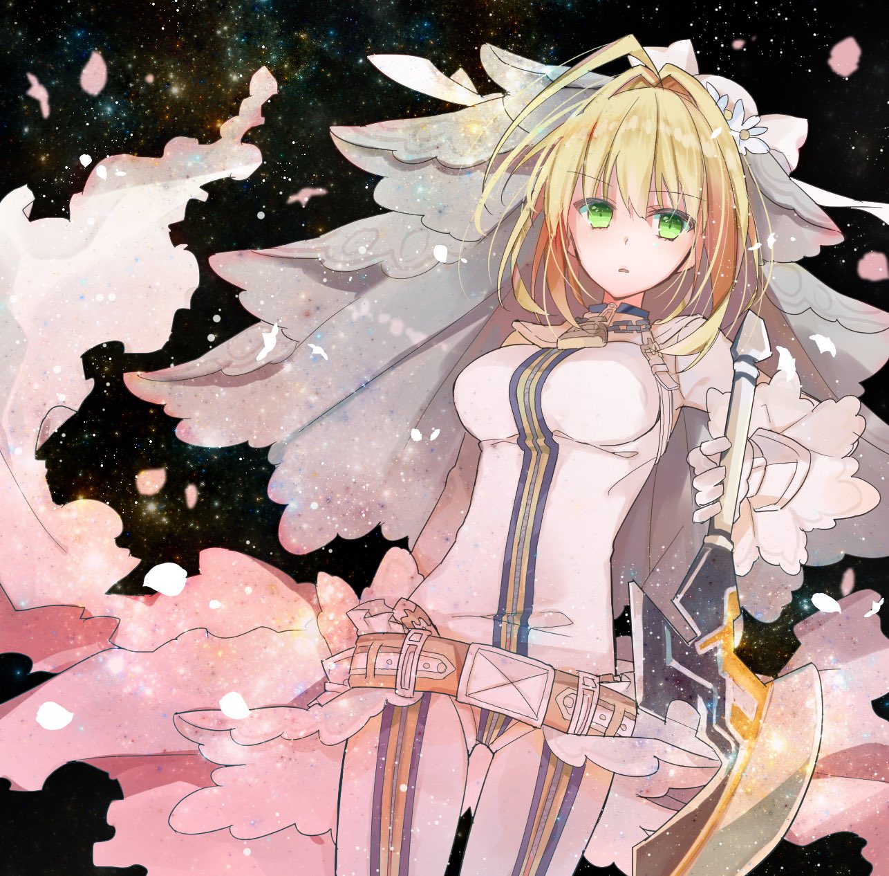 1girl belt blonde_hair bodysuit breasts bridal_veil fate/extra fate/extra_ccc fate_(series) gloves green_eyes highres holding holding_sword holding_weapon looking_at_viewer mom_29_mom parted_lips saber_bride saber_extra solo space sword veil weapon white_gloves