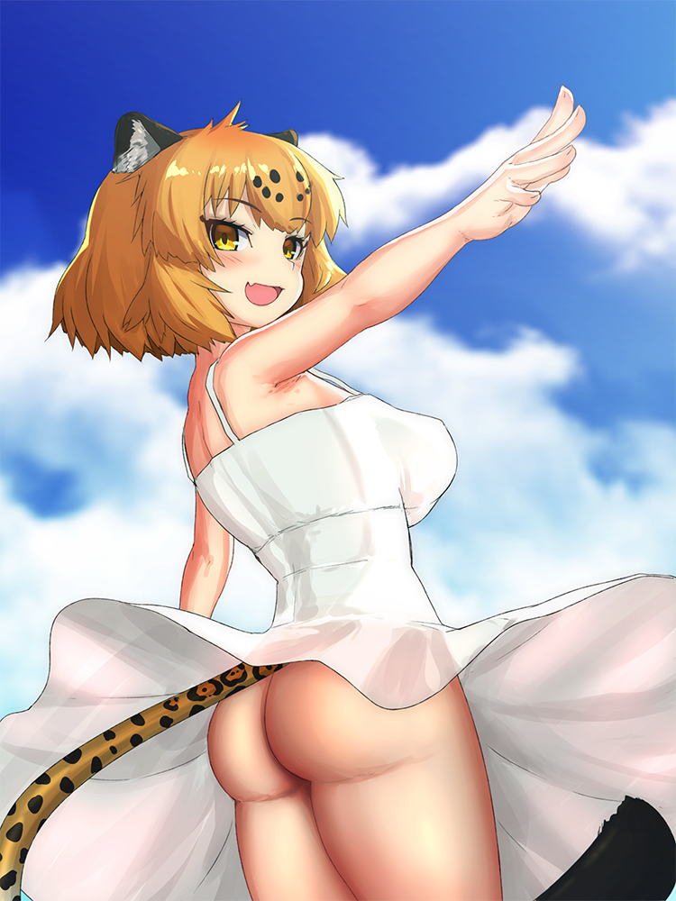 1girl animal_ears ass blonde_hair blush breasts clouds day dress iwahana jaguar_(kemono_friends) jaguar_ears jaguar_tail kemono_friends large_breasts looking_at_viewer no_panties open_mouth outdoors outstretched_arms short_hair sky solo spread_arms sundress tail