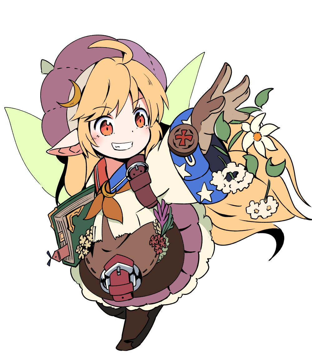 1girl ahoge alternate_costume blonde_hair book brown_gloves buna_shimeji_(keymush) clownpiece commentary_request cosplay crescent fairy_wings flat_color flower gloves grin herbalist_(sekaiju) herbalist_(sekaiju)_(cosplay) long_sleeves pointy_ears red_eyes sekaiju_no_meikyuu sekaiju_no_meikyuu_5 simple_background smile solo touhou white_background wide_sleeves wings
