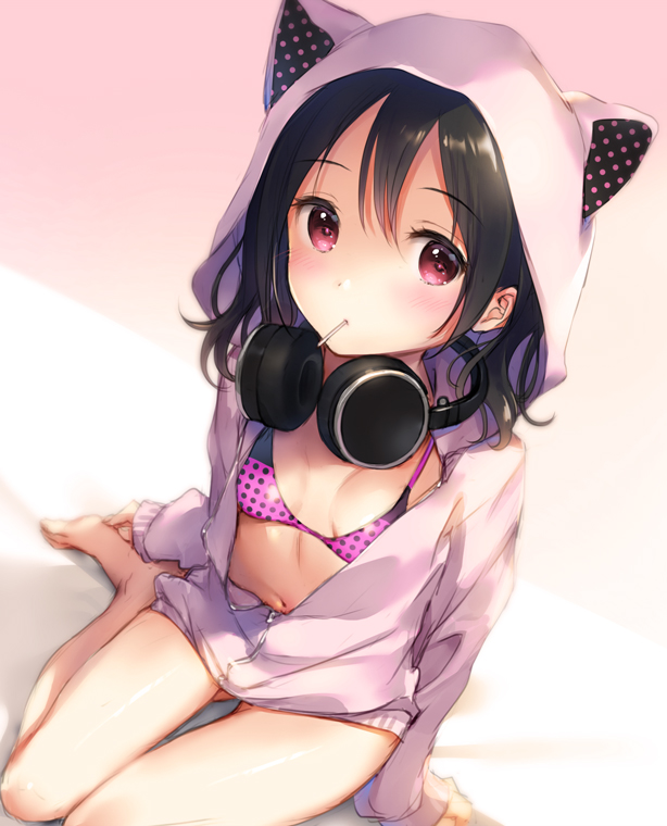 1girl animal_hood bare_legs barefoot bikini_top black_hair breasts eyebrows_visible_through_hair folded_leg from_above gluteal_fold headphones headphones_around_neck hood hoodie looking_at_viewer love_live! love_live!_school_idol_project mignon mouth_hold navel open_clothes open_hoodie pink_eyes sitting sleeves_past_wrists small_breasts solo twintails unzipped yazawa_nico