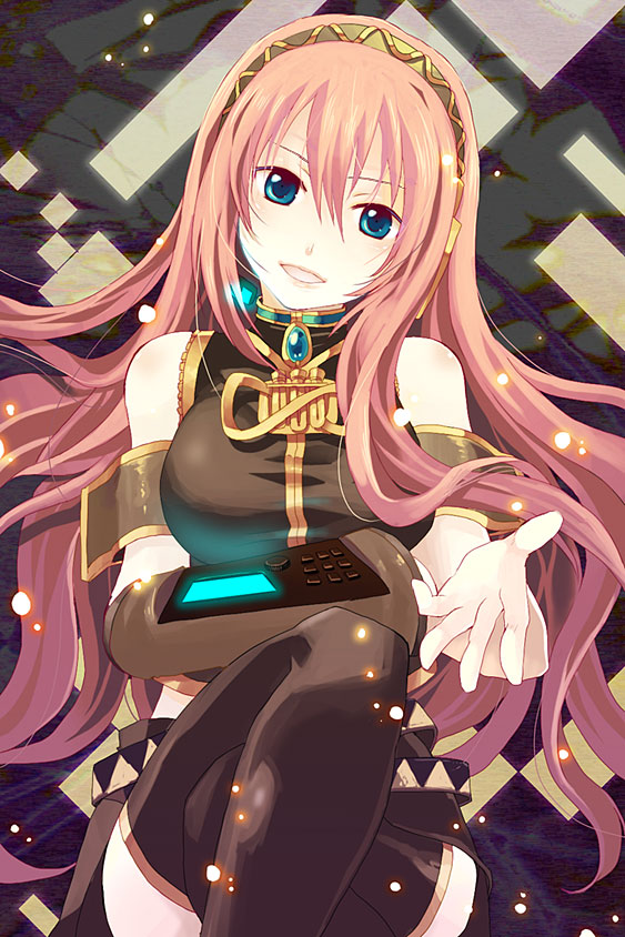 1girl armband asymmetrical_sleeves bare_shoulders belt black_detached_sleeves black_legwear black_skirt blue_eyes breasts brooch detached_sleeves gem grin hair_between_eyes head_tilt headphones highres jewelry large_breasts legs_crossed lips long_hair looking_at_viewer megurine_luka midori126 multiple_belts open_mouth outstretched_hand parted_lips pink_hair sapphire_(stone) single_detached_sleeve single_sleeve sitting skirt sleeveless sleeveless_turtleneck smile solo thigh-highs turtleneck very_long_hair vocaloid