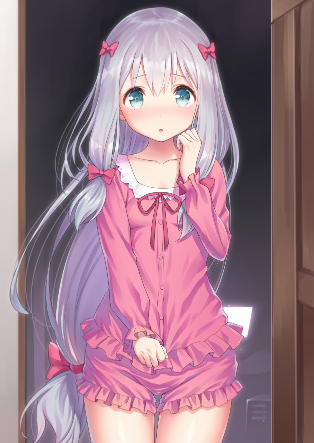 1girl :o bangs blue_eyes blush bow breasts collarbone computer cowboy_shot doorway eromanga_sensei eyebrows_visible_through_hair frills hair_bow hand_up indoors izumi_sagiri laptop long_hair looking_at_viewer low-tied_long_hair pajamas parted_lips pink_bow silver_hair small_breasts solo tareme thighs yasuyuki