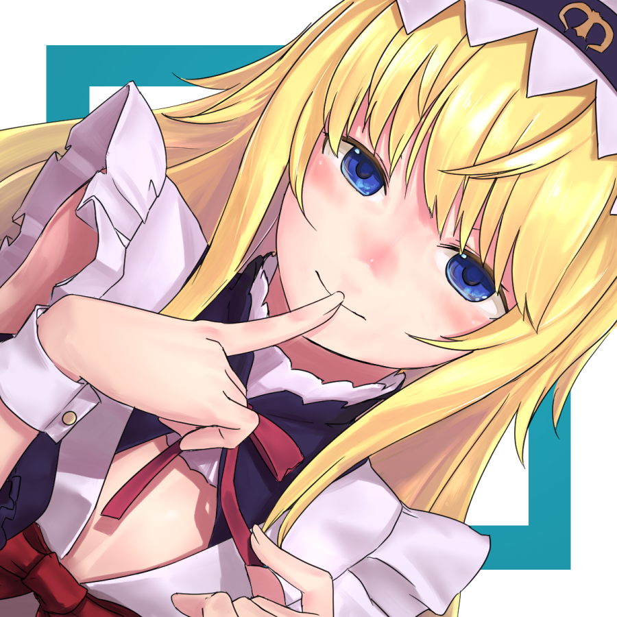 ambiguous_gender androgynous apron bangs blonde_hair blue_eyes blush closed_mouth dutch_angle fate/grand_order fate_(series) finger_to_mouth frilled_apron frills i-pan index_finger_raised le_chevalier_d'eon_(fate/grand_order) long_hair looking_at_viewer sidelocks smile solo upper_body