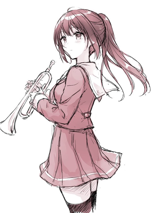 1girl bangs blush closed_mouth cowboy_shot eyebrows_visible_through_hair floating_hair from_side hibike!_euphonium hiten_goane_ryu holding holding_instrument instrument kousaka_reina long_hair monochrome pleated_skirt ponytail school_uniform serafuku sidelocks simple_background skirt solo thigh-highs trumpet zettai_ryouiki